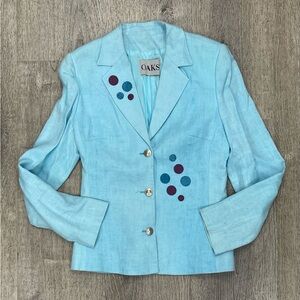 OAK Vintage Sky Blue Linen Blazer with Embroidered Accents